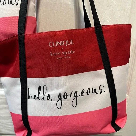 Clinique x kate spade Red, White & Pink Striped Tote with Matching Pouch - Picture 3 of 7